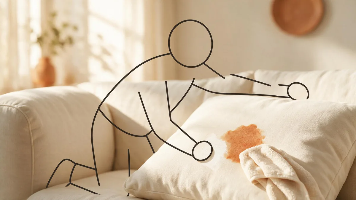 Spot-cleaning a cushion stain with a damp cloth
