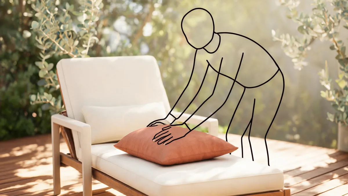 Outdoor fabric cushion on a sunny deck
